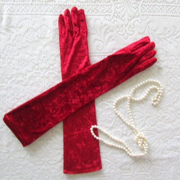 LONG RED GLOVES, M-L, ABOVE-THE-ELBOW SHINY VELOUR: COSTUME, STAGE, SALOON GIRL - Picture 4 of 4
